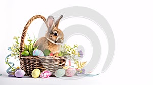 An Easter basket with a bunny sitting in it steals the spotlight, meticulously arranged against a clear, radiant white background