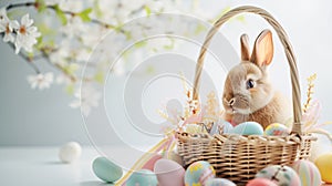 An Easter basket with a bunny sitting in it steals the spotlight, meticulously arranged against a clear, radiant white background