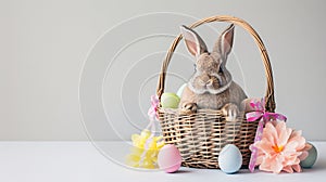 An Easter basket with a bunny sitting in it steals the spotlight, meticulously arranged against a clear, radiant white background