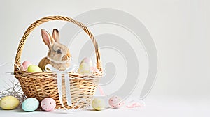 An Easter basket with a bunny sitting in it steals the spotlight, meticulously arranged against a clear, radiant white background