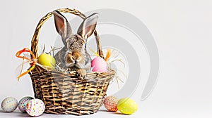 An Easter basket with a bunny sitting in it steals the spotlight, meticulously arranged against a clear, radiant white background