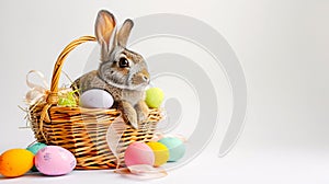 An Easter basket with a bunny sitting in it steals the spotlight, meticulously arranged against a clear, radiant white background