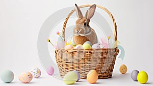 An Easter basket with a bunny sitting in it steals the spotlight, meticulously arranged against a clear, radiant white background