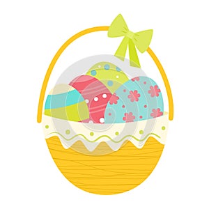 Easter basket with coloful eggs and bow