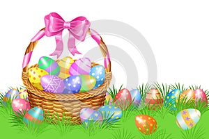 Easter basket and colorful Easter eggs in green grass for Easter