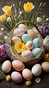 Easter basket with colorful eggs and flowers