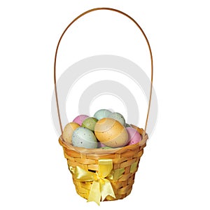 Easter basket with colorful eggs isolated