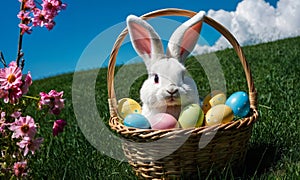 Easter basket with decorated eggs and the Easter bunny in the grass. The character and all objects are fictitious, the image was