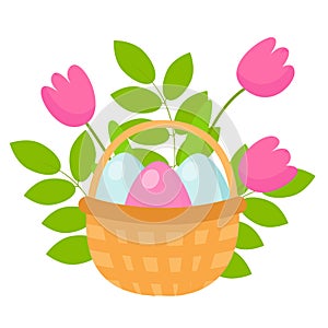 Easter basket with decorative eggs inside.