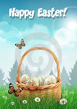 Easter basket with Easter eggs on a field, realistic Easter card