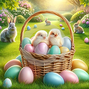 Easter Basket Eggs Bunny Chicks Backyard Hunt Spring Pastel Colors AI Generated Illustration