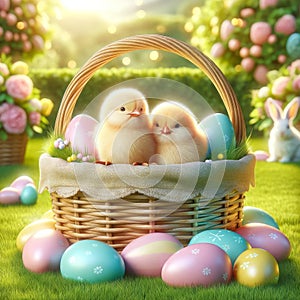 Easter Basket Eggs Bunny Chicks Backyard Hunt Spring Pastel Colors AI Generated Illustration