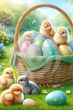 Easter Basket Eggs Bunny Chicks Backyard Hunt Spring Pastel Colors AI Generated Illustration