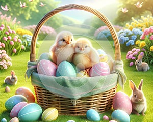 Easter Basket Eggs Bunny Chicks Backyard Hunt Spring Pastel Colors AI Generated Illustration