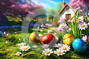 Easter basket with eggs and flowers, sunny meadow background, green grass