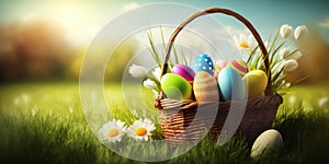 Easter basket with eggs and flowers, sunny meadow background, green grass and sunny spring background, generative AI