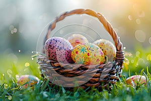 Easter basket eggs, On the grass in the morning there is a soft blurred background with beautiful patterns and colorful