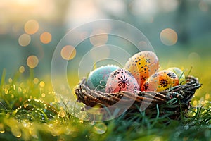 Easter basket eggs, On the grass in the morning there is a soft blurred background with beautiful patterns and colorful to be used