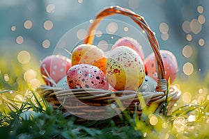 Easter basket eggs, On the grass in the morning there is a soft blurred background with beautiful patterns and colorful to be used