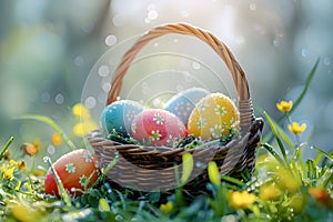 Easter basket eggs, On the grass in the morning there is a soft blurred background with beautiful patterns and colorful to be used