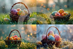 Easter basket eggs, On the grass in the morning there is a soft blurred background with beautiful patterns and colorful to be used