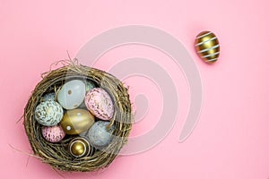 Easter basket eggs isolated on pink. For greeting card, promotion, poster, flyer, web-banner, article