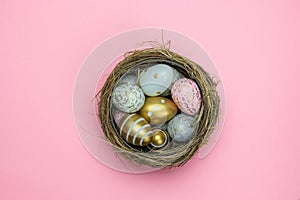 Easter basket eggs isolated on pink. For greeting card, promotion, poster, flyer, web-banner, article