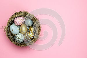 Easter basket eggs isolated on pink. For greeting card, promotion, poster, flyer, web-banner, article