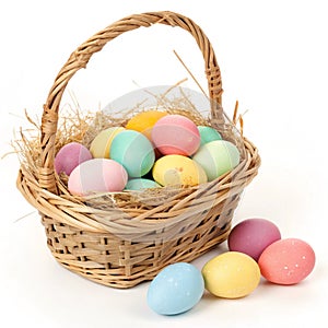 Easter basket with eggs isolated on white background
