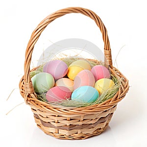 Easter basket with eggs isolated on white background