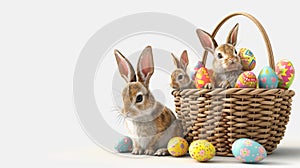 Easter basket with eggs painted in colorful patterns. Bunny family all contributing to the joyful scene on white.