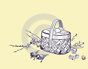 Easter basket eggs vector engrave card isolated