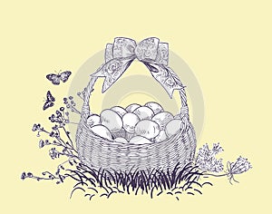 Easter basket eggs vector engrave card isolated