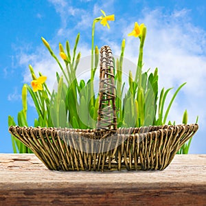 Easter basket empty wooden table