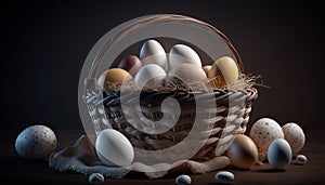 Easter - a basket with festive eggs. Postproducted generative AI digital illustration.