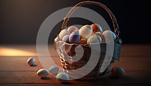 Easter - a basket with festive eggs. Postproducted generative AI digital illustration.