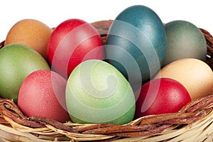 Easter Basket Filled Colored Eggs Closeup