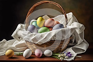 - Easter basket with flowers, eggs and white salve, generative ai.