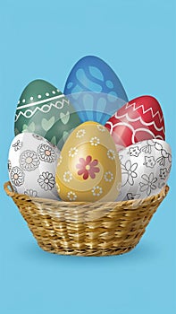 Easter basket with four colored eggs and two white ones, on a very light blue background.