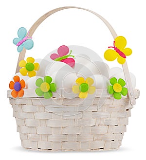 Easter basket full of eggs with flower spring decorations and butterflies, isolated on white background, template for label, gift
