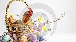 An Easter basket with a hen sitting in it steals the spotlight, meticulously arranged against a clear, radiant white background