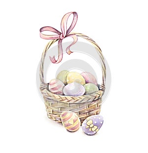 Easter basket isolated on a white background. Color Easter eggs. Watercolor drawing. Handwork photo