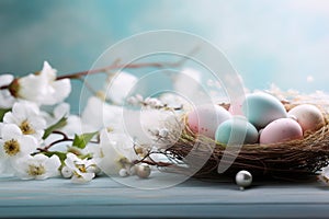 Easter basket with painted eggs and flowers on dark background. 3d illustration Generative AI.