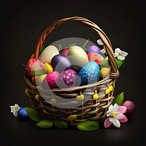 Easter basket with painted eggs and spring flowers on black background