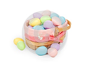 Easter basket with pastel colored plastic eggs