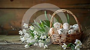 Easter Basket with Snowdrops and Decorated Eggs