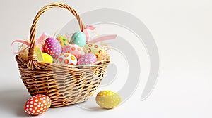 An Easter basket steals the spotlight, meticulously arranged against a clear