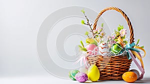 An Easter basket steals the spotlight, meticulously arranged against a clear