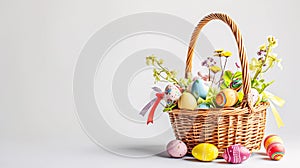 An Easter basket steals the spotlight, meticulously arranged against a clear