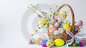 An Easter basket steals the spotlight, meticulously arranged against a clear